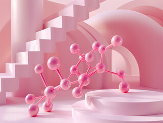 3D render of a molecule against a pink background. Generative ai.