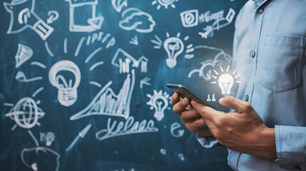 Businessman Using Smartphone with Creative Business Sketch Background