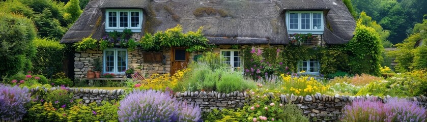 Highangle image of a picturesque cottage with stone walls, flower garden, and thatched roof, sunny day, editorial style, quaint photo