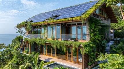 Fototapeta premium Highangle image of an ecofriendly house with solar panels, green roof, and lush garden, clear sky, editorial style, sustainable photography