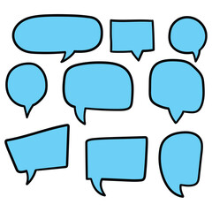 Hand drawn cartoon set of blue speech bubbles on white background.