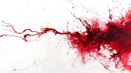 Ruby paint splatters forming abstract shapes and lines on a clean white canvas.