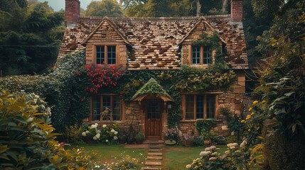 Highangle view of a charming English cottage with stone walls, ivycovered facade, and blooming garden, summer light, editorial style, quaint photography