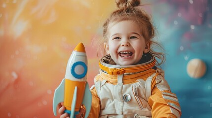 Little astronaut in a space suit, smiling excitedly, holding a model spaceship, colorful background, editorial style, clear photo