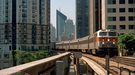 Naklejka premium A train is traveling down a track in a city
