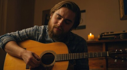 Obraz premium A man with a beard is playing a guitar