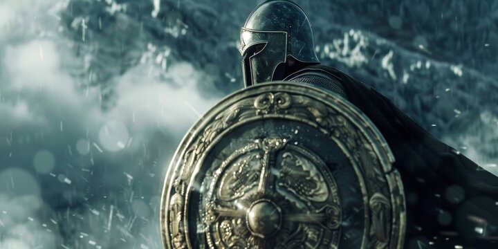 A warrior in a suit of armor and a helmet with a shield stands in front of a mountain.