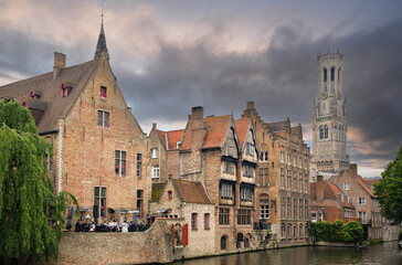 View of the historic city center with canal in Brugge (Bruges),  Belgium, from Rozenhoedkaai