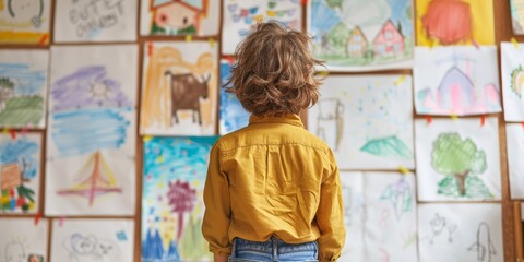 Obraz premium Little boy looking at the colorful hand-drawn pictures on the wall.