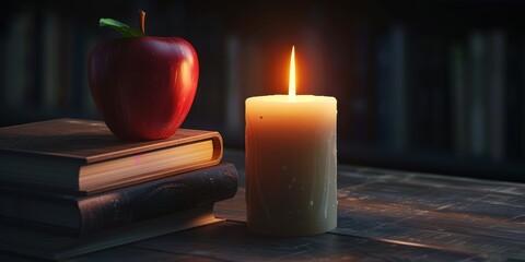 The candle is burning on the table. There is an apple and books near it.