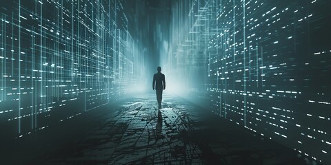 The dark figure of a person walking through a tunnel of blue light.