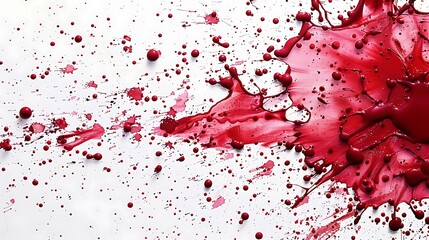 Fototapeta premium Ruby paint splatters merging and blending, creating a harmonious and visually appealing composition on a blank white surface.