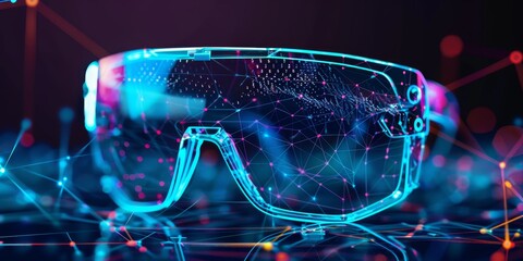 The image is of a pair of futuristic glasses. The glasses are made of a transparent material and have a blue glow.