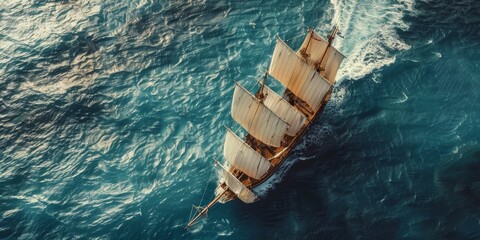 The photo shows a pirate ship with white sails sailing on the high seas. The ship is surrounded by rough waves.