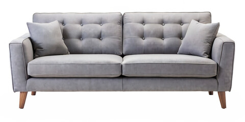Stylish grey velvet sofa with wooden legs and plush cushions, perfect for contemporary living spaces.