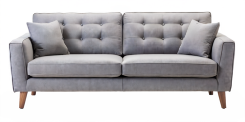 Stylish grey velvet sofa with wooden legs and plush cushions, perfect for contemporary living spaces.