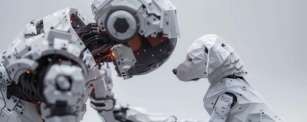 Fototapeta premium Pixel art doll with a robot dog, 3D model, white background, futuristic style