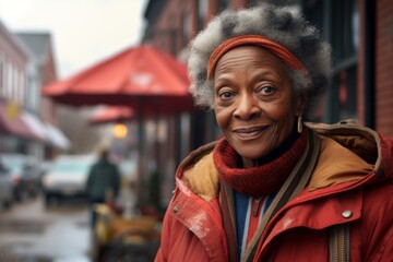 Fototapeta premium Portrait of a tender afro-american elderly woman in her 90s wearing a lightweight packable anorak on charming small town main street