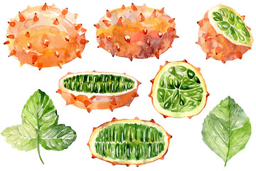 Hand Drawn Watercolor kiwano Fruit illustration. Set of elements.