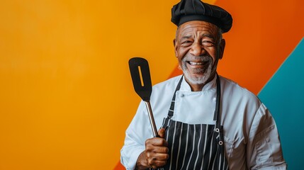 Senior chef with a skillet, smiling excitedly, holding a spatula, colorful background, editorial style, culinary photography