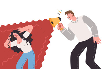 Domestic violence among married couple, with man shouting at unhappy woman through megaphone