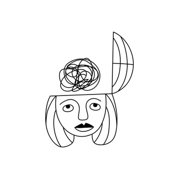 recommend clip art: Girl, sad girl, confusion, head with thoughts, black and white vector illustration.