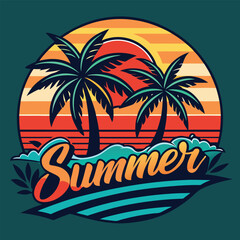 Fototapeta premium Summer camp vector banner template - Kids summmer camp vector illustration. Happy Summer Holidays with beach summer. Ai generate 