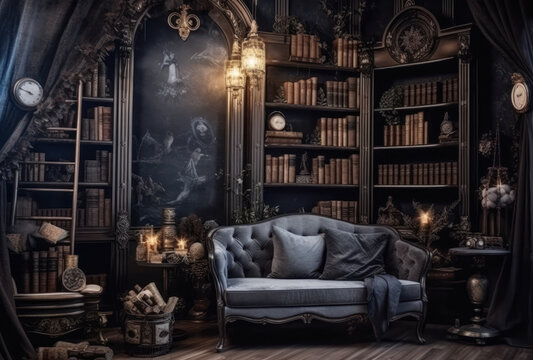 Cozy vintage library with leather sofa and antique decor
