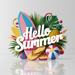 summer elements 3d render illustration with the hello summer text on it. summer beach elements.