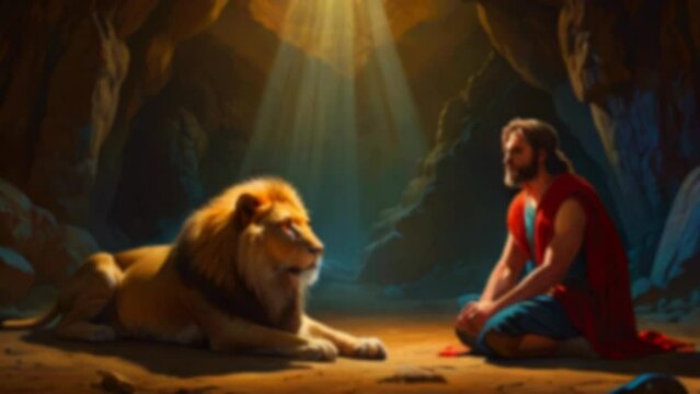 This is a painting of Daniel in the lion's den. Daniel is kneeling with his hands together, and the lion is sitting in front of him with one paw on Daniel's knee.
