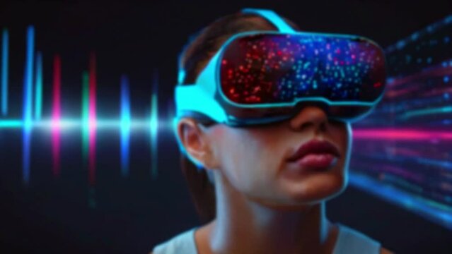 A person wearing a virtual reality headset with colorful lights in the background.
