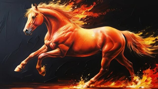 a mesmerizing oil painting of a solitary, majestic fire horse in full gallop, crafted with vibrant brushstrokes on a dramatic black velvet background. Radiant shades of fiery red, molten orange, and b