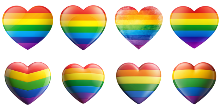 LGBTQ+ hearts in pride. Rainbow hearts for pride month on transparent background PNG file
