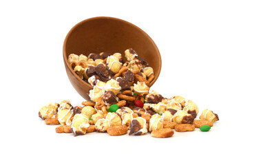 Stack chocolate popcorn on white background