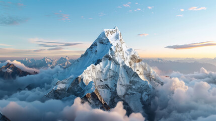 Stunning view of a snow-covered mountain peak rising above the clouds during sunrise, capturing the beauty and majesty of nature.