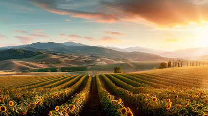 Fototapeta premium Stunning sunset over a sunflower field with rolling hills in the background, under a picturesque sky showcasing nature's beauty.