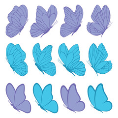 Butterfly collection. Watercolor illustration. Colorful Butterflies clipart set. Baby shower design elements. Party invitation, birthday celebration. Spring, summer decoration. Blue 