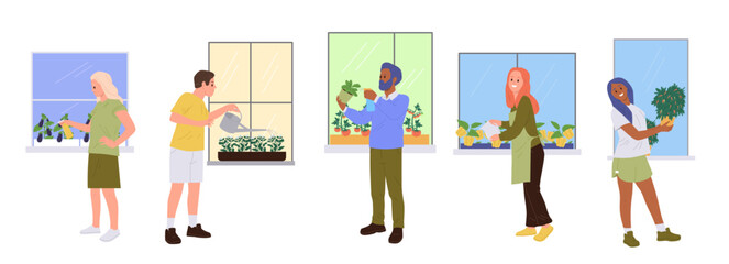 Happy inspired people cartoon characters caring mini garden on home windowsill isolated set