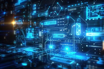 Futuristic digital interface with glowing blue circuit patterns and holographic projections.