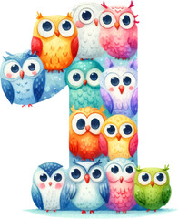 Obraz premium Colorful number one made of cute owls in various hues. Perfect for children's books, educational materials, and playful designs.