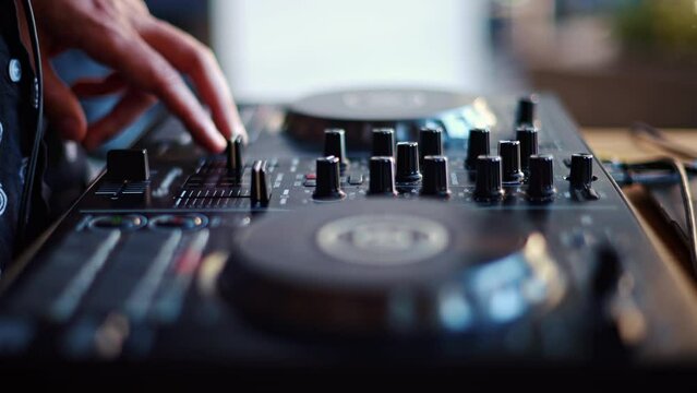 Close up of a woman touching the buttons of a DJ controller