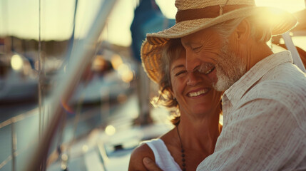 Senior Couple Embracing at Sunset on a Boat 