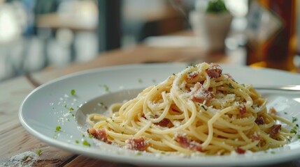 Plate With Spaghetti Carbonara On A Laid Table, A Classic Italian Pasta