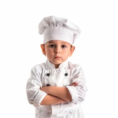 cute little professional Food preparation standing and hand holds a white acrylic sheet, looking directly at the camera with an attentive expression isolated on white background