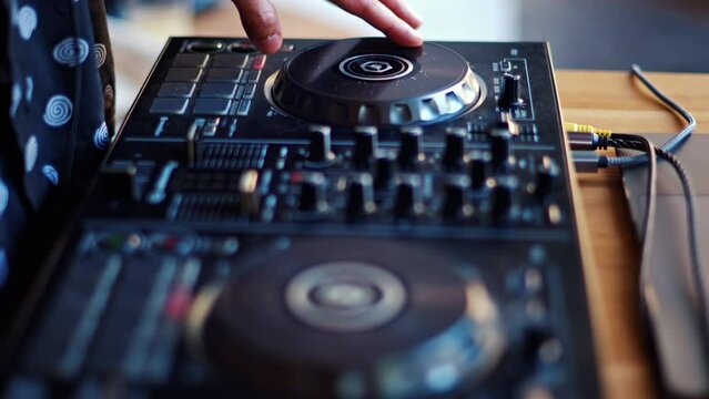 Close up of a woman touching the buttons of a DJ controller