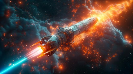 Futuristic Spaceship Launching Through Cosmic Fire