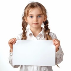Fototapeta premium cute little professional correspondent standing and hand holds a white acrylic sheet, looking directly at the camera with an attentive expression isolated on white background