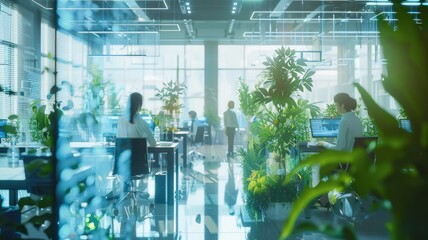 A busy, modern office where sleek AI assistants with holographic interfaces help with data analysis and communication. Humans focus on creativity and strategy in an open, airy space with natural light