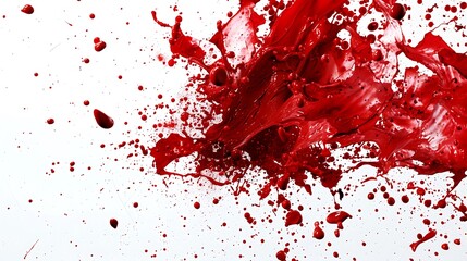 Ruby red paint exploding into a chaotic display of splatters and droplets on a pristine white background.