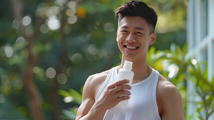 Fototapeta premium Happy Lifestyle: Fit Asian Person Holding Medicine Bottle